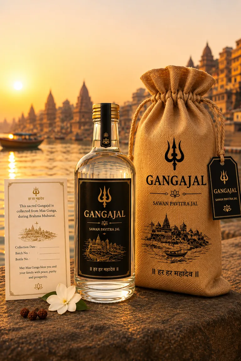 PoojaOil Gangajal glass bottle with black and gold label, jute pouch and tag, beside a ghat at sunrise